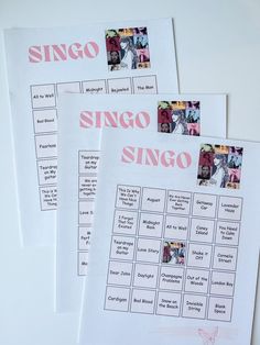 three sheets of white paper with pink writing and pictures on them that read singo, singo, singo