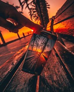 someone taking a photo with their cell phone on the bench at sunset or sunrise in front of palm trees