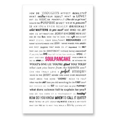 a poster with the words soul pancake written in pink and black on white paper