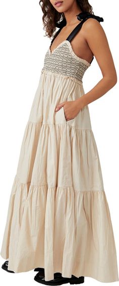 Free People Bluebell Smocked Bodice Tiered Maxi Sundress | Nordstrom Slim Long Dress, Craftsman Details, Summer Slip Dress, Flowy Dress Long, Solid Maxi Dress, Long Dresses Elegant, Maxi Sundress, Current Trends, Long Dress Casual