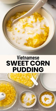 a bowl of Vietnamese sweet corn pudding Creamy Coconut Sauce, Sweet Corn Pudding, Christmas Desserts Party, Dessert Soup, Vietnamese Dessert, Corn Pudding, Coconut Desserts, Coconut Sauce