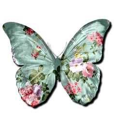 a blue butterfly with pink flowers on it's wings