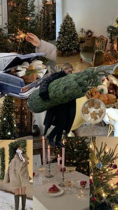 a collage of photos with people and christmas trees in the foreground, one woman holding a tray of food