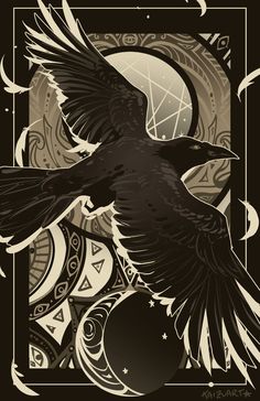 a black bird flying through the air next to a full moon and ornate design on a black background