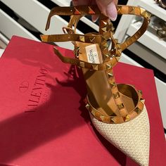 Brand New. Never Worn Designer Beige Calf Leather Heels, Designer Brown Pointed Toe Sandals, Designer Beige Closed Toe Heels, Designer Beige Heels With Heel Strap, Valentino Rockstud Flats, Valentino Rockstud Sandals, Valentino Heels, Flower Heels, Red Studs