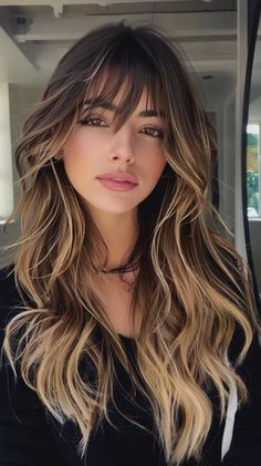 Brown Black Blonde Hair, Funky Balayage Hair, Bronde Balayage Bangs, Blonde Highlights On Dark Hair With Bangs, Bangs And Money Piece, Ombré Hair With Bangs, Highlighted Hair With Bangs, Brunette Balayage Hair Bangs, Red Hair Extensions Before And After