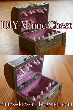 two wooden boxes with toothpicks in them on top of a table next to the words diy mimic chest