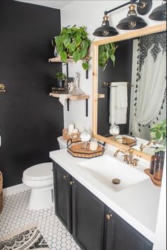 a black and white bathroom with plants on the shelf above the sink, toilet and mirror