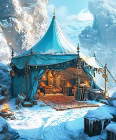 a tent in the middle of a snowy mountain with lights on it's roof