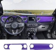 the interior of a car with purple trims and steering wheel cover, dash stickers and gauges