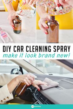 homemade car cleaning spray being made and then used to clean a car Diy Car Interior Cleaner Homemade, Detail Car Interior Diy, Diy Car Interior Cleaner, Clean Interior Of Car, Diy Car Cleaner, Car Cleaning Hacks Interior, Car Dashboard Cleaner, Clean Car Interior, Diy Window Cleaner