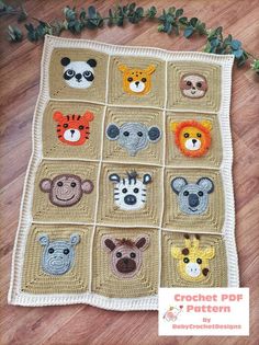 a crocheted baby blanket with many different animals on it's squares,