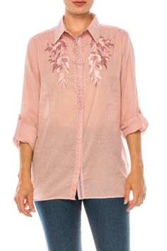 Featured on a solid pink background, this button-down shirt is made from 100% light-weight cotton voile fabric, with exquisite embroidery on the collar, yoke, and the placket. It is also treated with a vintage wash. Model is 5’8” - wearing size small. Model Bust: 34” Hand-wash cold, lay flat to dry.Made in India. Pink Button-up Tops With Floral Embroidery, Shirt With Embroidery, Cotton Voile Fabric, Voile Fabric, Vintage Button, Cotton Voile, Pink Background, Lay Flat, Button Downs