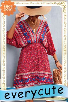 Red Floral Printed Bohemian V Neck Dress Dresses Floral, Floral Dresses, Women Dresses, V Neck Dress, Floral Printed, Red Floral, Neck Dress, Floral Prints, V Neck