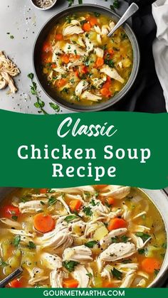 chicken soup with carrots and parsley in a bowl