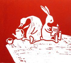 a drawing of two rabbits sitting on top of a table next to a teapot