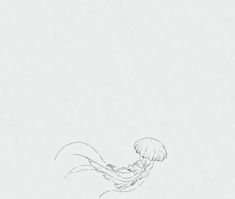 a black and white drawing of a jellyfish swimming in the ocean with it's tail curled up