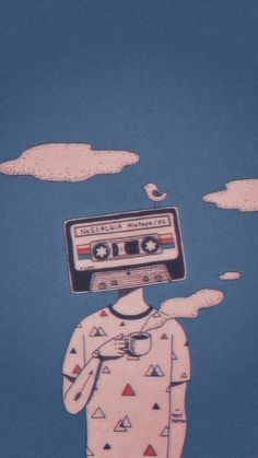 a drawing of a person with a tape recorder on their head and clouds in the background