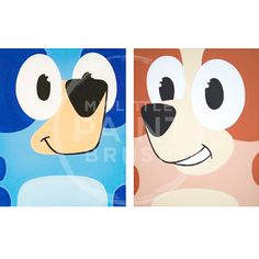 two paintings of dogs with big eyes and nose shapes, one in blue and the other in orange