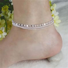 4 Row Anklet 3 rows of chains and 1 row of crystal makes this a very sexy anklet. Lobster claw clasp 2" extension Hammered Silver Jewelry, Crystal Anklet, Summer Anklets, Ankle Jewelry, Anklets Boho, Sparkly Jewelry, Ankle Chain, Beaded Sandals, Beaded Anklets