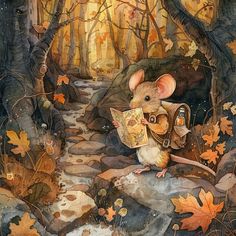 a painting of a mouse reading a map in the woods with leaves on the ground