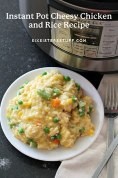 a plate with rice and peas next to an instant pot