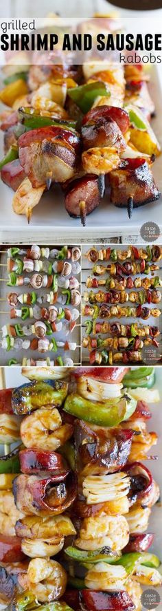 grilled shrimp and sausage on skewers with peppers