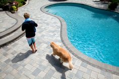 a boy and his dog are looking at the pool in the backyard, which is surrounded by stone pavers