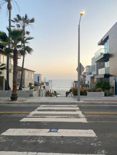 an empty street next to the ocean with palm trees