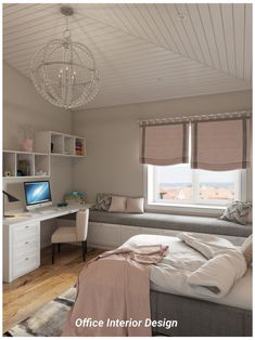 a bedroom with a bed, desk and computer