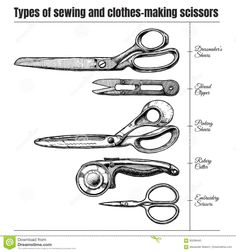 the types of sewing and clothes - making scissors in black and white engraving on paper