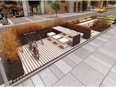 an artist's rendering of a city street with benches and plants