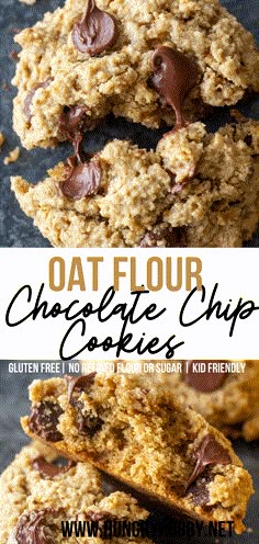 oat flour chocolate chip cookies stacked on top of each other with the title overlay