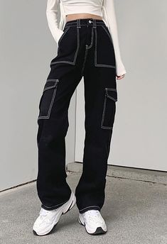 ⚡️Buy High Waist Straight Cargo Jeans Black S under $38.99 in Jeans Online. Style: Casual, Street Fabric Content: Cotton Fit Type: Regular Design: Multi Pockets, Button Zip Closure. ✓2021 CHRISTMAS SALE | $12 OFF OVER $80 CODE: H1 | $20 OFF OVER $120 CODE: H2 | $40 OFF OVER $200 CODE: H3✓Free Shipping on all orders over $69 USD.. Check reviews and order High Waist Straight Cargo Jeans today. Cargo Jeans Black, High Waisted Baggy Jeans, Y2k Trousers, Jeans Online Store, Mode Zara, Baggy Cargo Pants, Cargo Pants Outfit, Bodycon Floral Dress, Jeans Cargo