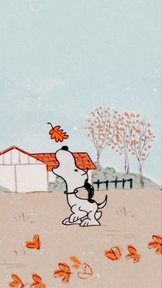 a drawing of a dog standing in front of a house with leaves on it's roof