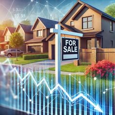 a real estate for sale sign in front of a house with an upward graph going up