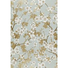 a wallpaper with white flowers and brown leaves on it's side, against a light blue background