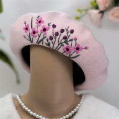 The hand embroidered floral wool beret is a stunning and unique headpiece made with high-quality wool material. Featuring delicate and intricate floral embroidery, each beret is carefully crafted by hand, making it a one-of-a-kind accessory.  Material: 100% wool Size: inner diameter measures 6 inches, outer diameter measures 11 inches, inner circumference measures 20 inches. Beret can be stretch out slightly by gently pulling around the brim, making it fit head sizes from 20-22.8 inches. Color: I can embroider the pattern on any color beret that you request. If no message is included with the order, the default color would be the same as the photo. Washing instruction: because the wool beret is a delicate material, putting in washing machine will damage both the hat and the embroider. Hand Winter Beret, Embroidery Hat, French Beret, Wool Beret, Hand Making, Hat Embroidery, Wool Berets, Berets, 11 Inches