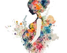 a pregnant woman with flowers in her hair is standing and looking at the camera, watercolor