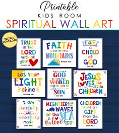 the printable bible wall art for kids is shown in different colors and font styles