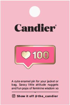 a pink card with the words candier on it and a gold heart in the middle