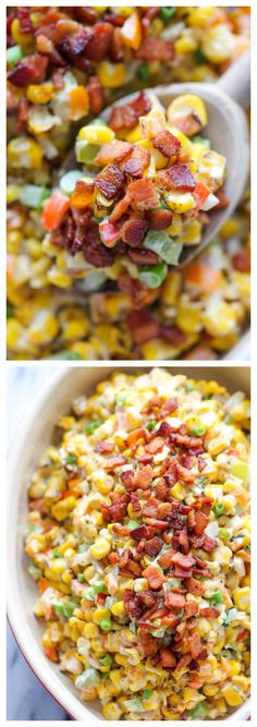 corn salad with bacon and green onions is shown in three different pictures, including the side dish