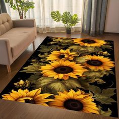 sunflowers on black area rug in living room