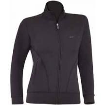 a women's black jacket with zippers on the front and side, in full zip