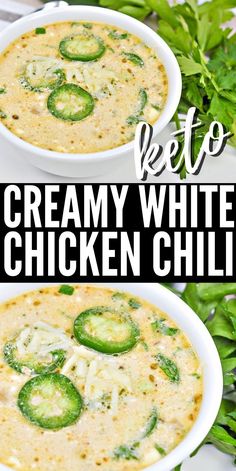 two bowls of creamy white chicken chili with jalapenos