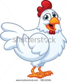 a white chicken with a red comb on it's head and an orange beak