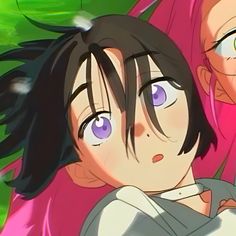 two anime characters one with pink hair and the other with blue eyes looking at something