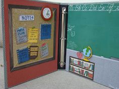 an open book with pictures and writing on the pages is shown in front of a chalkboard