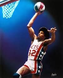 a painting of a basketball player about to dunk the ball in front of him