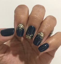 Navy Nails With Gold Glitter, Navy And Gold Glitter Nails, Dark Teal Nails With Gold, Navy With Gold Nails, Navy Blue And Gold Holiday Nails, Navy And Gold Dip Nails, Navy And Gold Manicure, Black Glitter Fade Nails, Dark Blue With Gold Nails